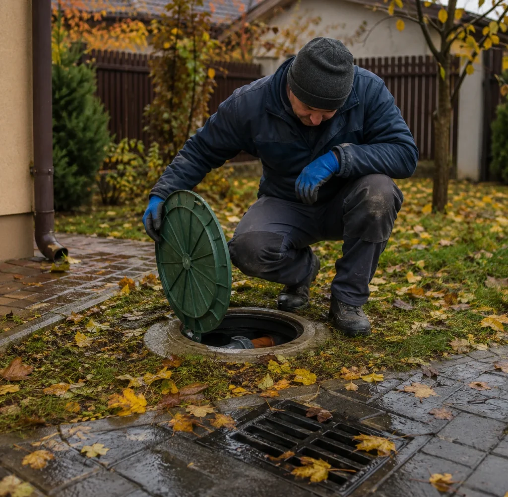 Cămin de fosă septică verificat toamna, în curtea unei case din Ilfov, înainte de sezonul ploios