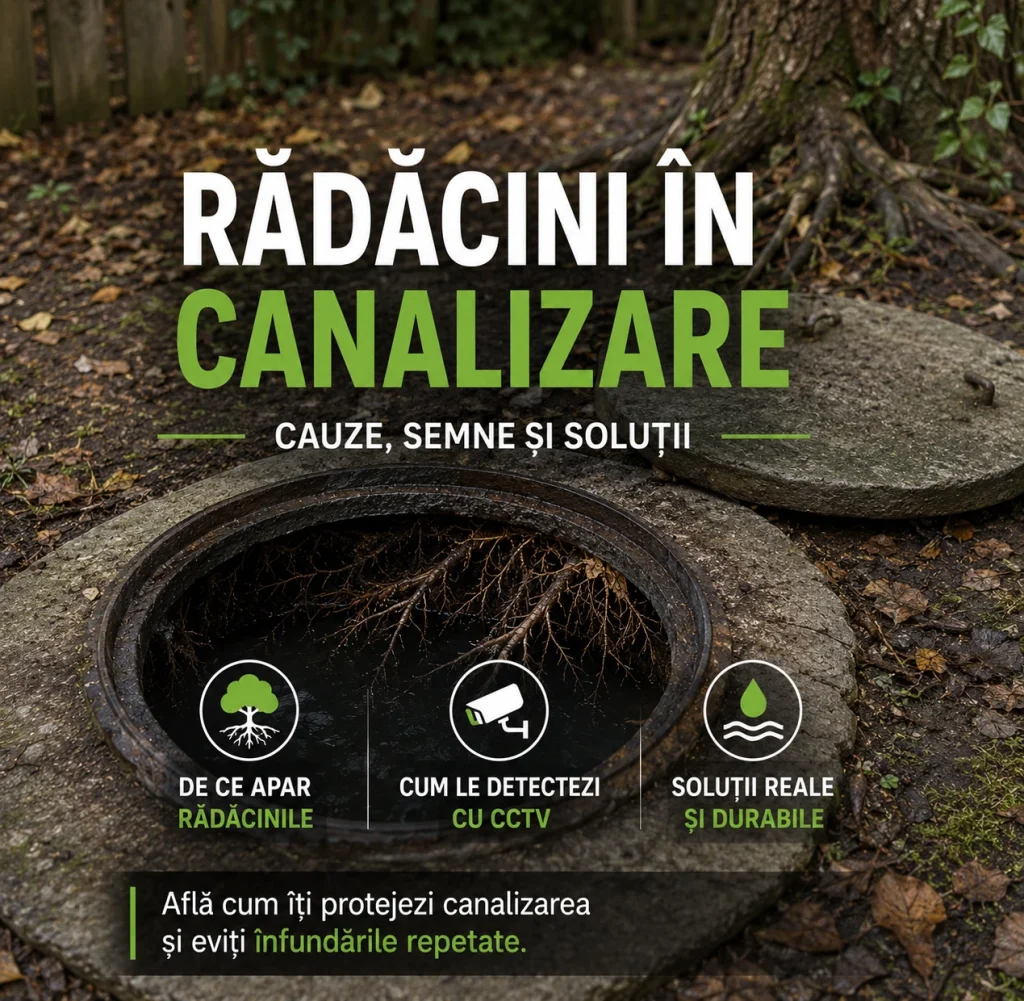 Rădăcini de copac pătrunse într-o conductă de canalizare, vizualizate prin inspecție video